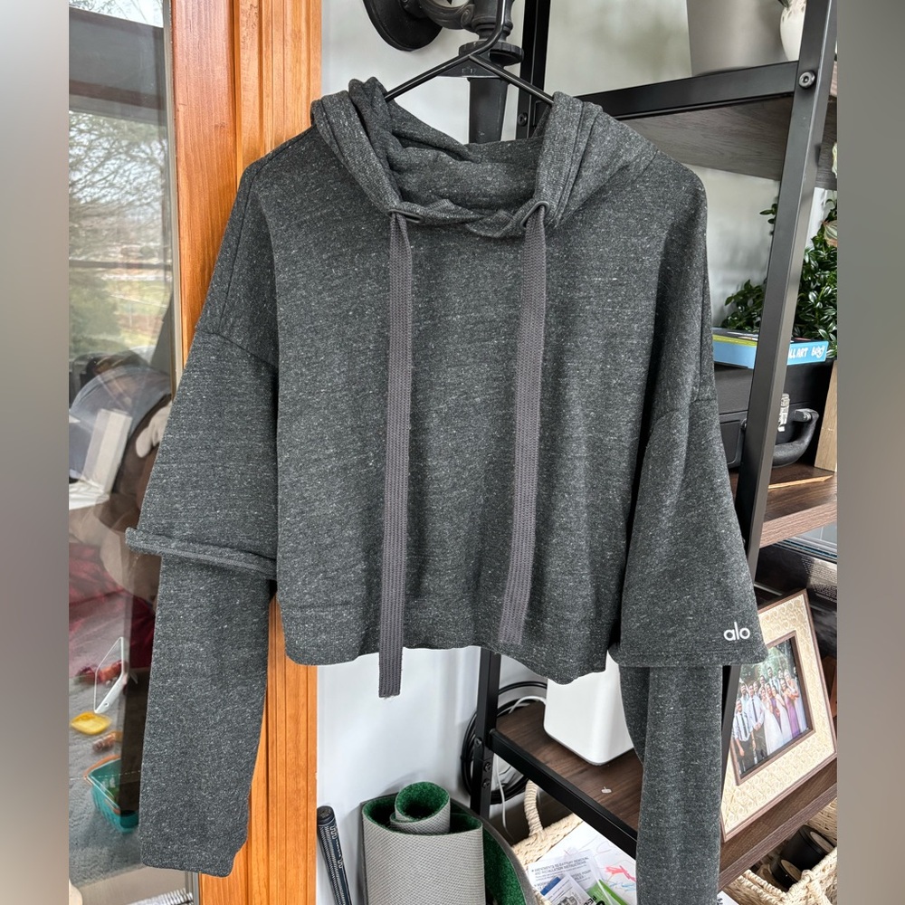 Alo Women's Dark Gray Cropped Hoodie Sweater
